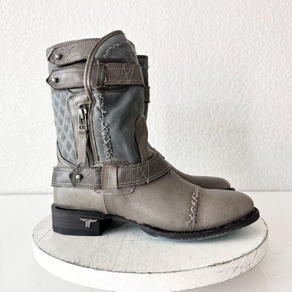 Lane Boots Women’s Gray Leather Canvas Mid-Calf Western Moto Style Zip Size 7.5 - Picture 2 of 12